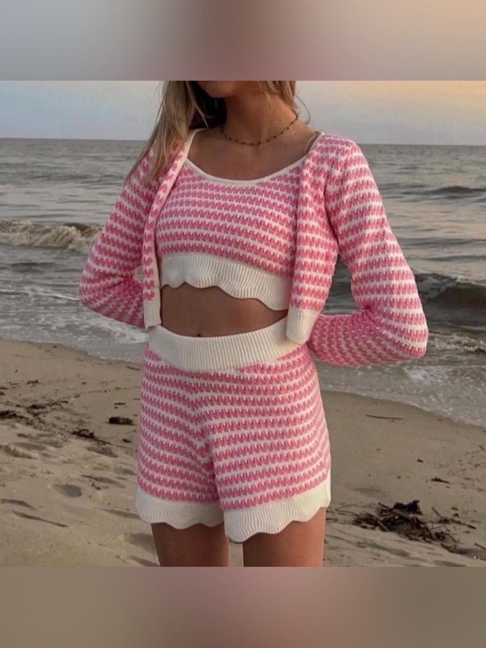 NWT Yellow The Label Pink & White Knit Cardigan, Tank, Shorts 3-Piece Set Size S